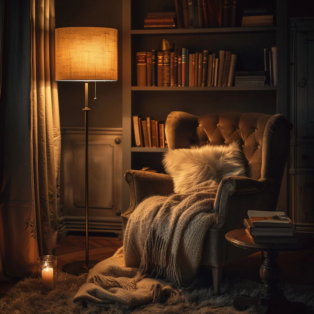 Warm lamp-lit living room set up for a calm evening wind-down