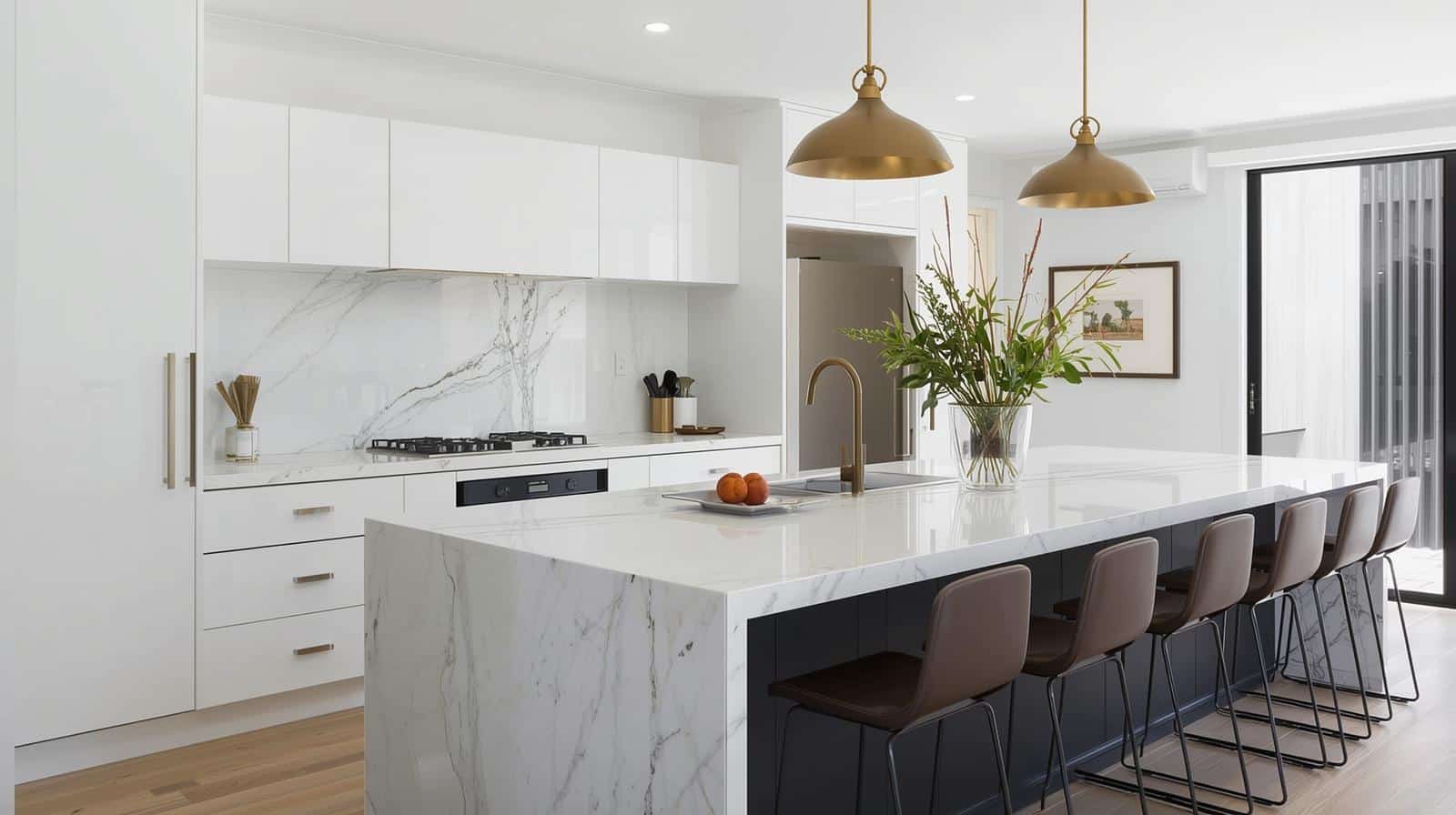 Bright kitchen counter with a water glass and a small planner